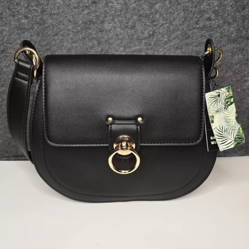 Badgley Mischka Top Handle Saddle Bad Vegan Leather-  Black- NWT